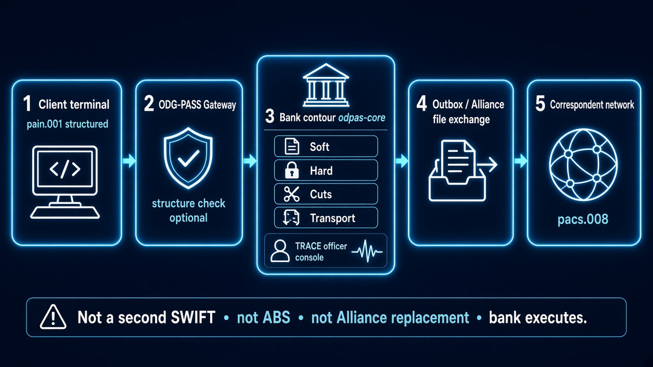Client pain.001 to optional ODG Gateway to bank odpas-core Soft Hard Cuts Transport TRACE to Outbox Alliance to pacs.008 network